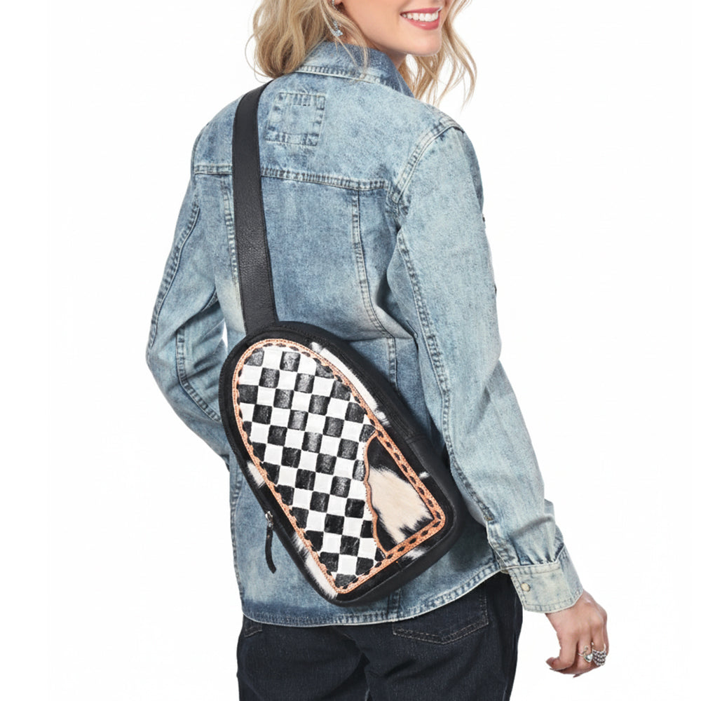 OHLAY Cowhide Sling Bag Black White Checkered Panel Top Grain Leather Backpack