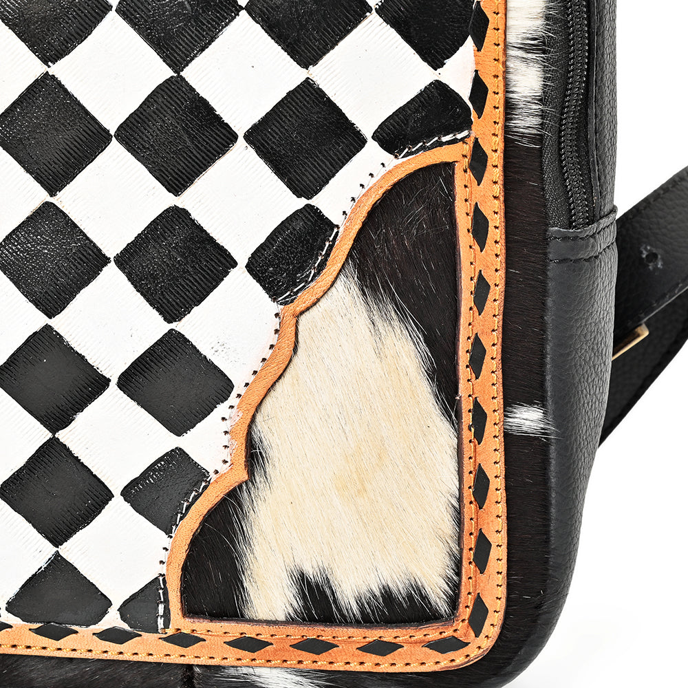 OHLAY Cowhide Sling Bag Black White Checkered Panel Top Grain Leather Backpack
