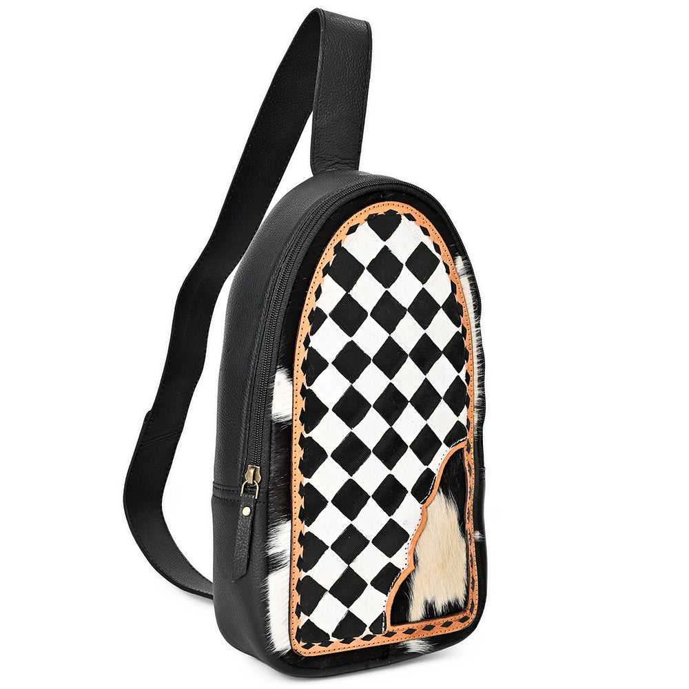 OHLAY Cowhide Sling Bag Black White Checkered Panel Top Grain Leather Backpack