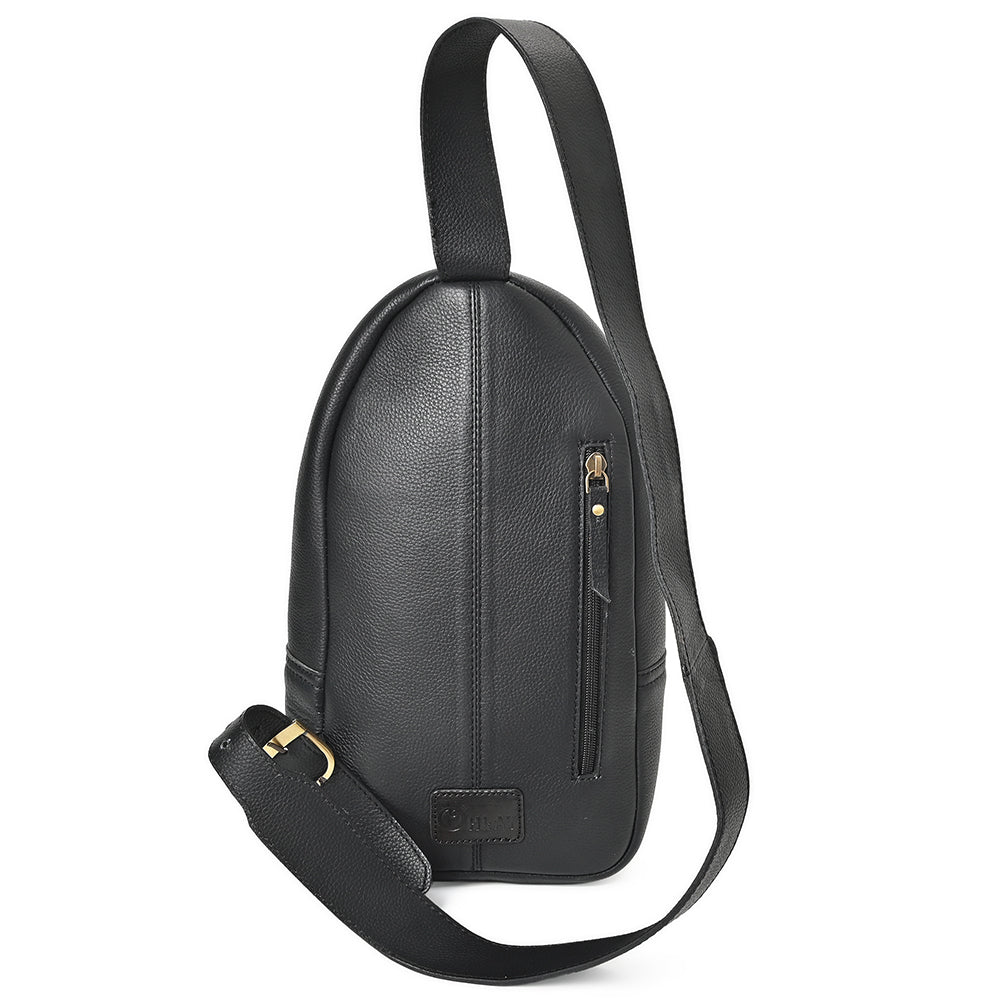 OHLAY Cowhide Sling Bag Black White Checkered Panel Top Grain Leather Backpack