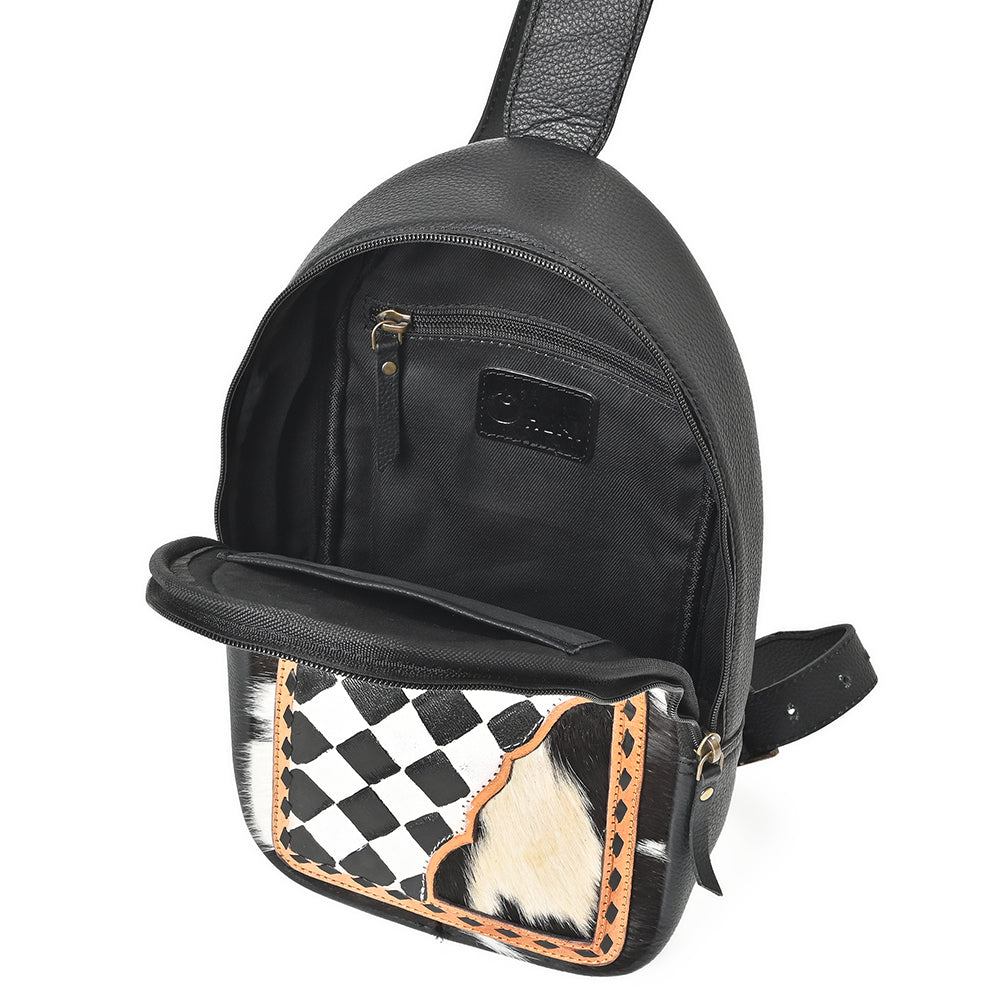 OHLAY Cowhide Sling Bag Black White Checkered Panel Top Grain Leather Backpack