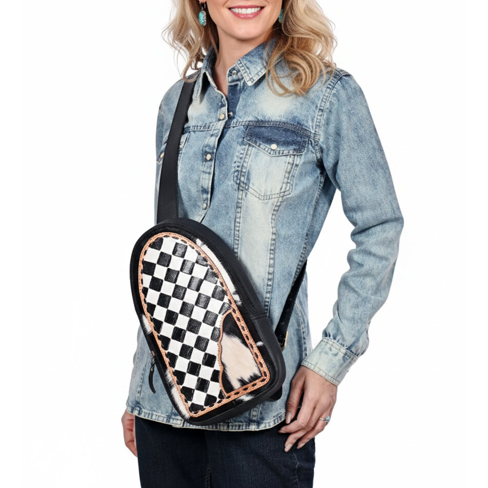 OHLAY Cowhide Sling Bag Black White Checkered Panel Top Grain Leather Backpack