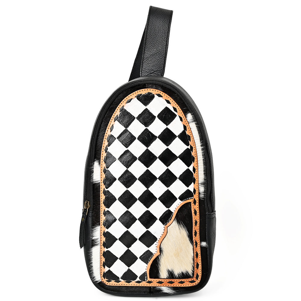 OHLAY Cowhide Sling Bag Black White Checkered Panel Top Grain Leather Backpack