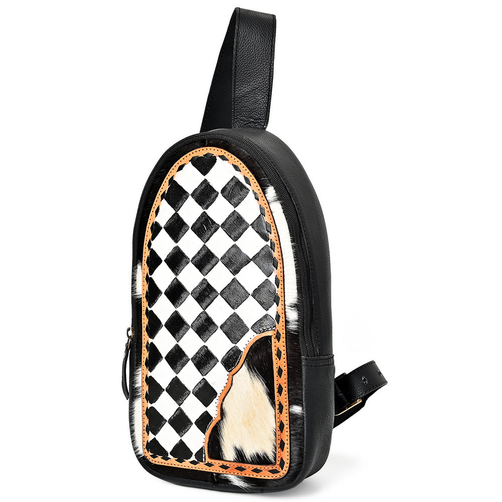 OHLAY Cowhide Sling Bag Black White Checkered Panel Top Grain Leather Backpack