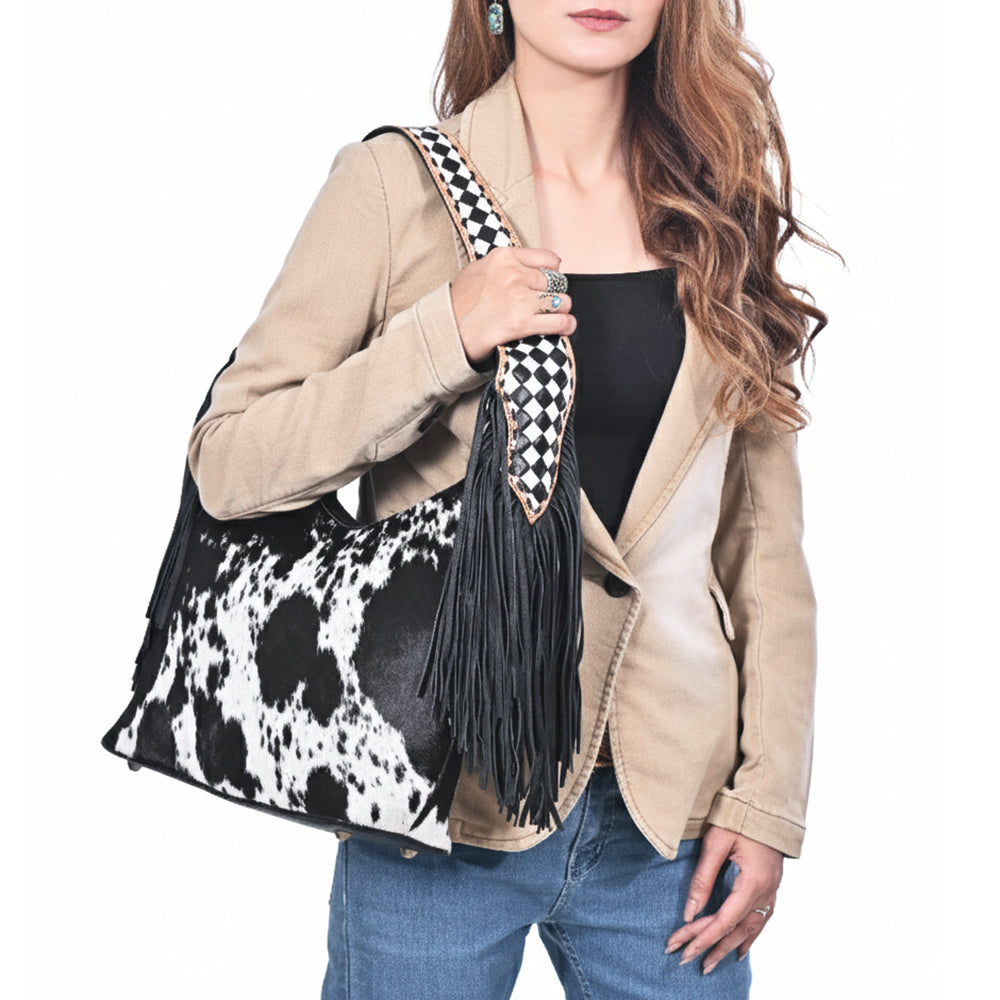 American Darling Cowhide & Leather Fringe Hobo Bag Black/White Spotted Woven