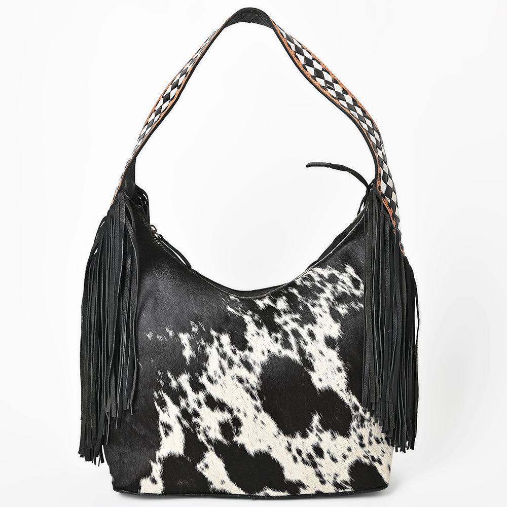 American Darling Cowhide & Leather Fringe Hobo Bag Black/White Spotted Woven