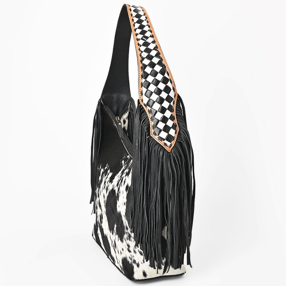 American Darling Cowhide & Leather Fringe Hobo Bag Black/White Spotted Woven