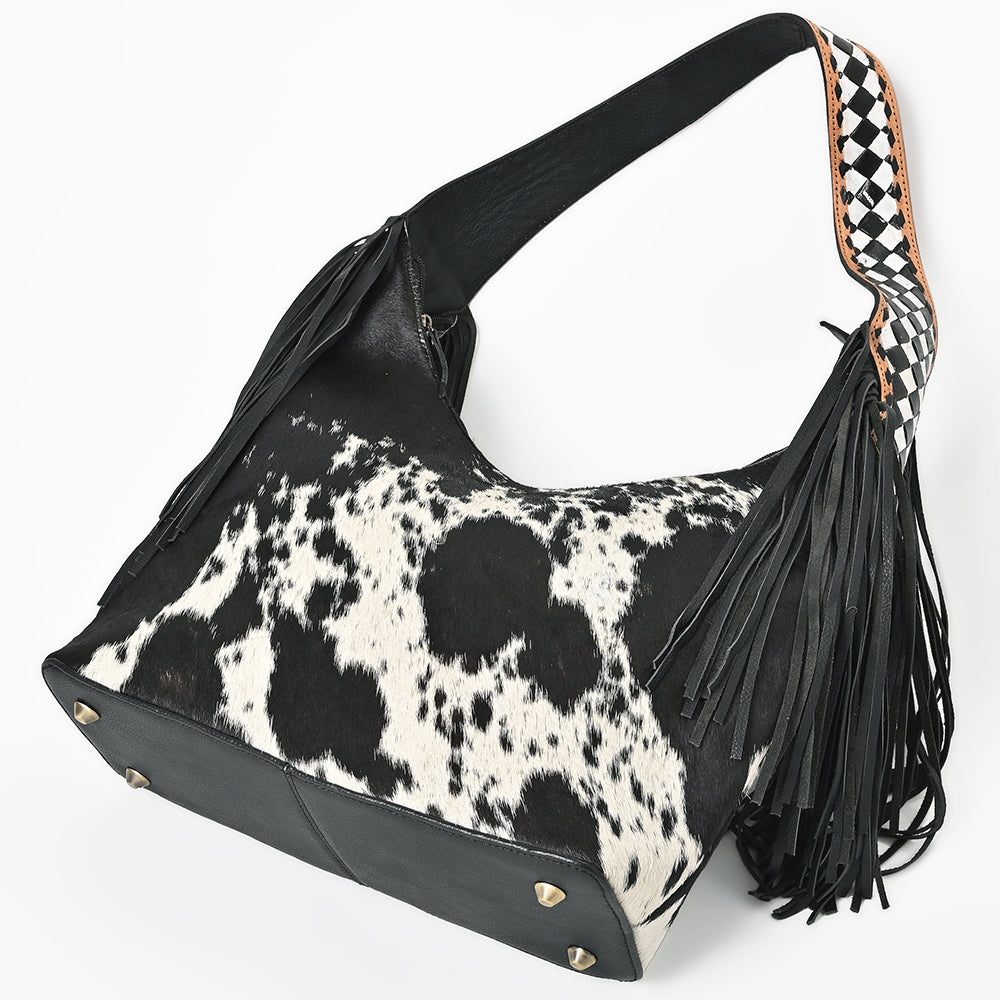 American Darling Cowhide & Leather Fringe Hobo Bag Black/White Spotted Woven