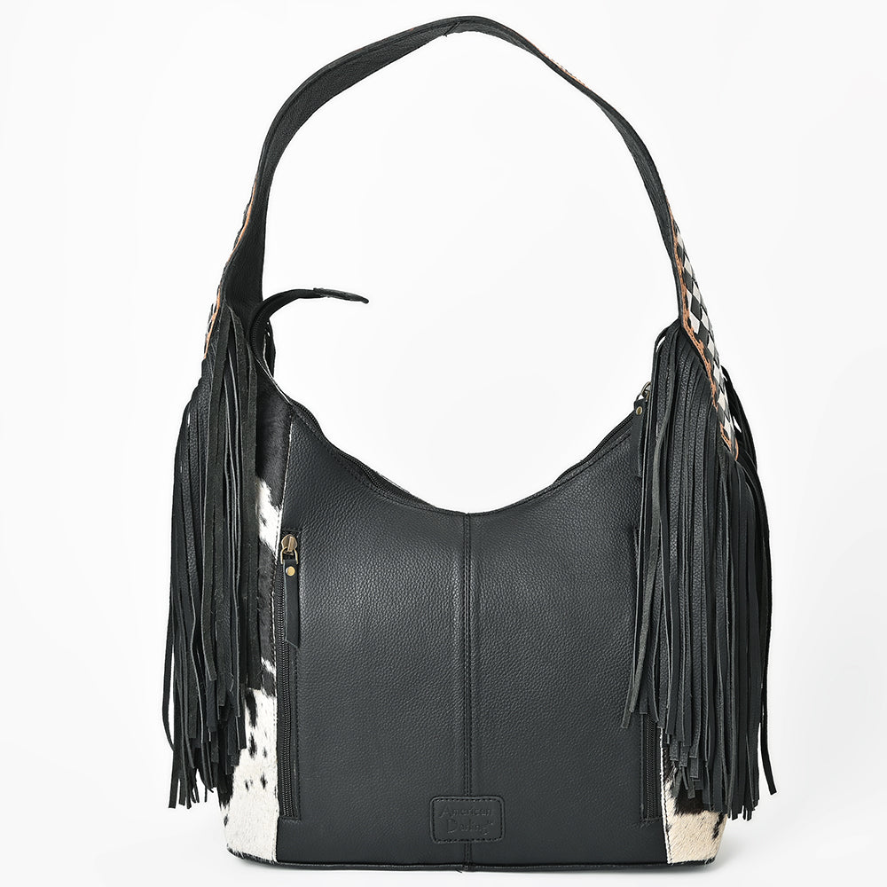 American Darling Cowhide & Leather Fringe Hobo Bag Black/White Spotted Woven