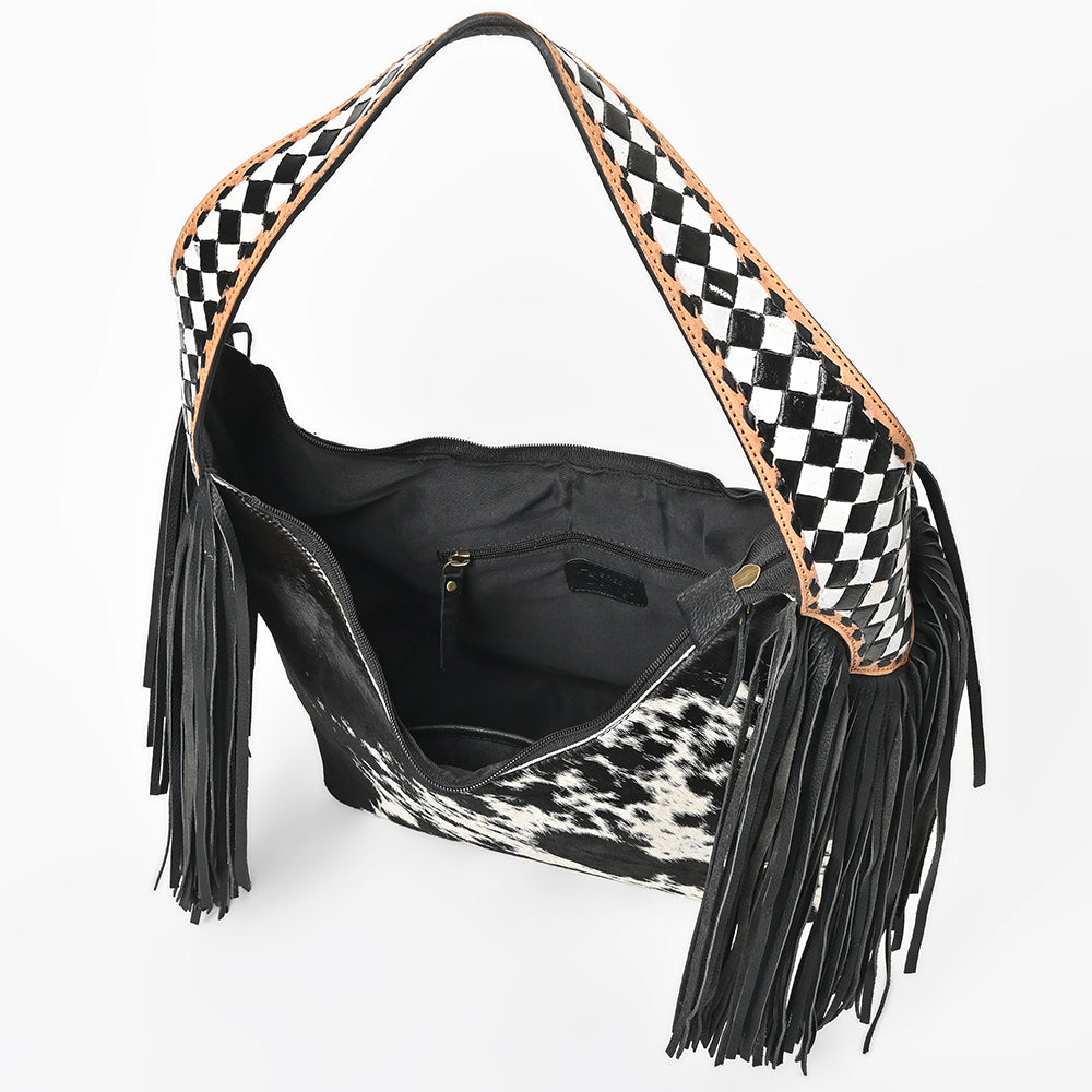 American Darling Cowhide & Leather Fringe Hobo Bag Black/White Spotted Woven