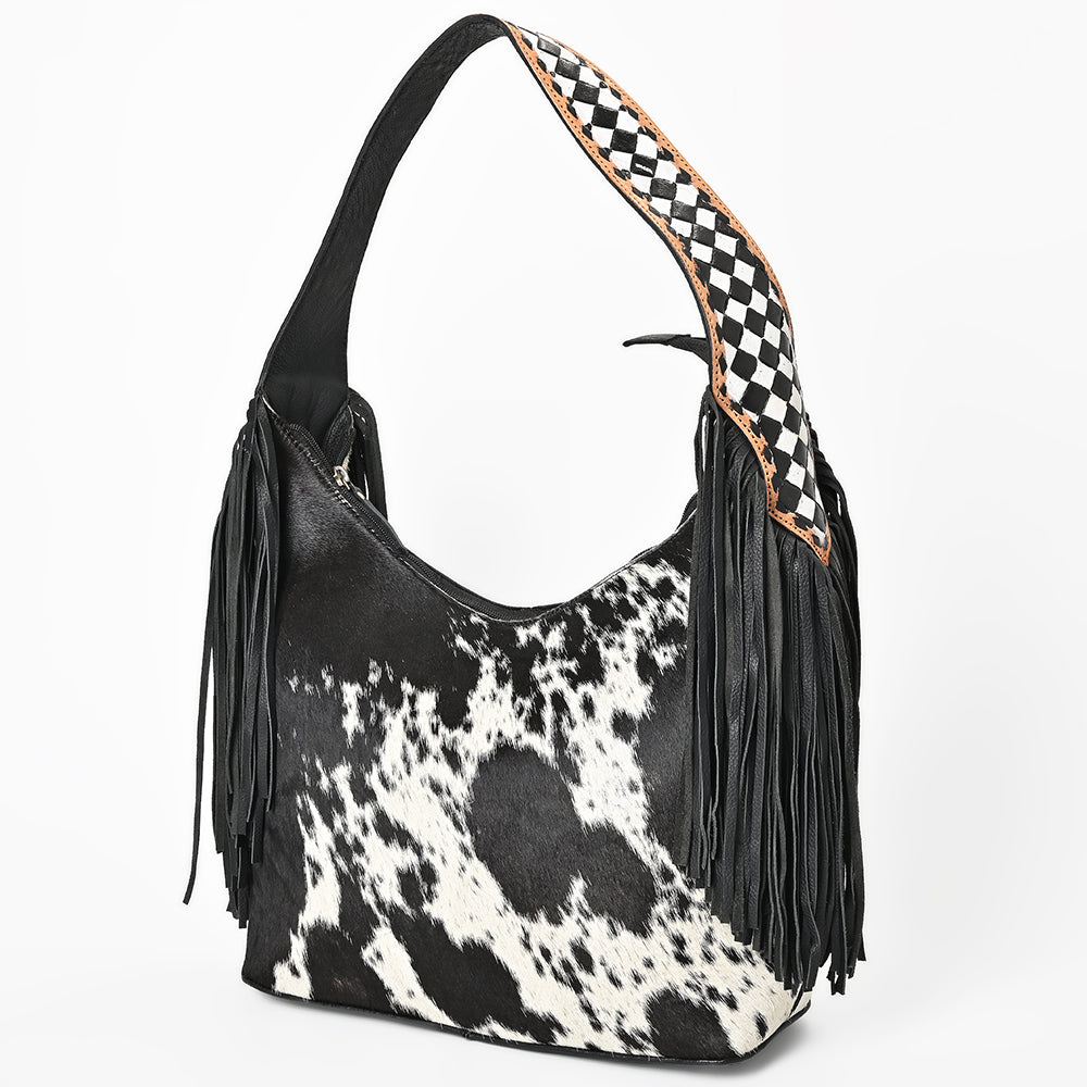American Darling Cowhide & Leather Fringe Hobo Bag Black/White Spotted Woven