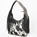 American Darling Cowhide & Leather Fringe Hobo Bag Black/White Spotted Woven