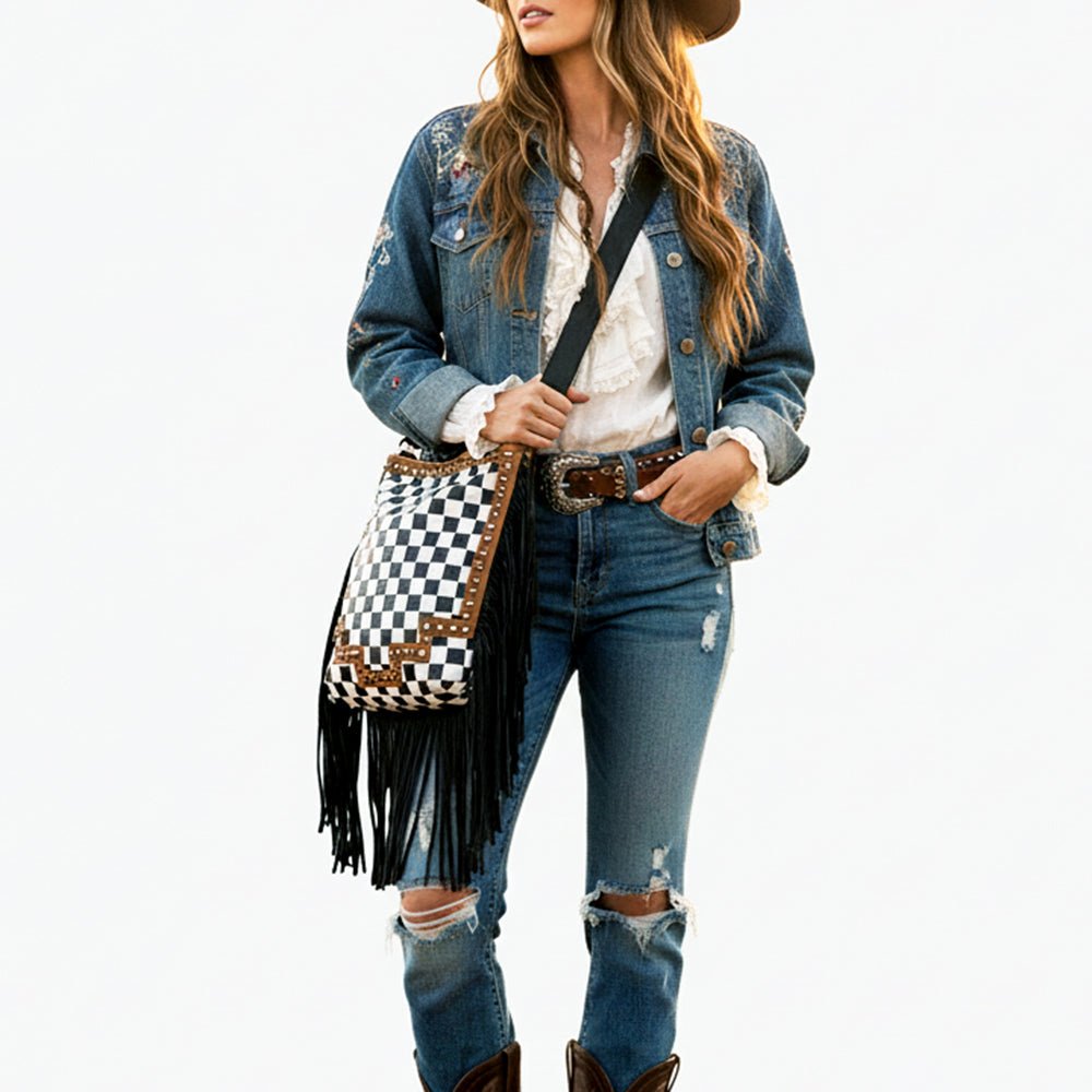 American Darling Checkered Western Crossbody Bag Black & White Tan Leather Trim
