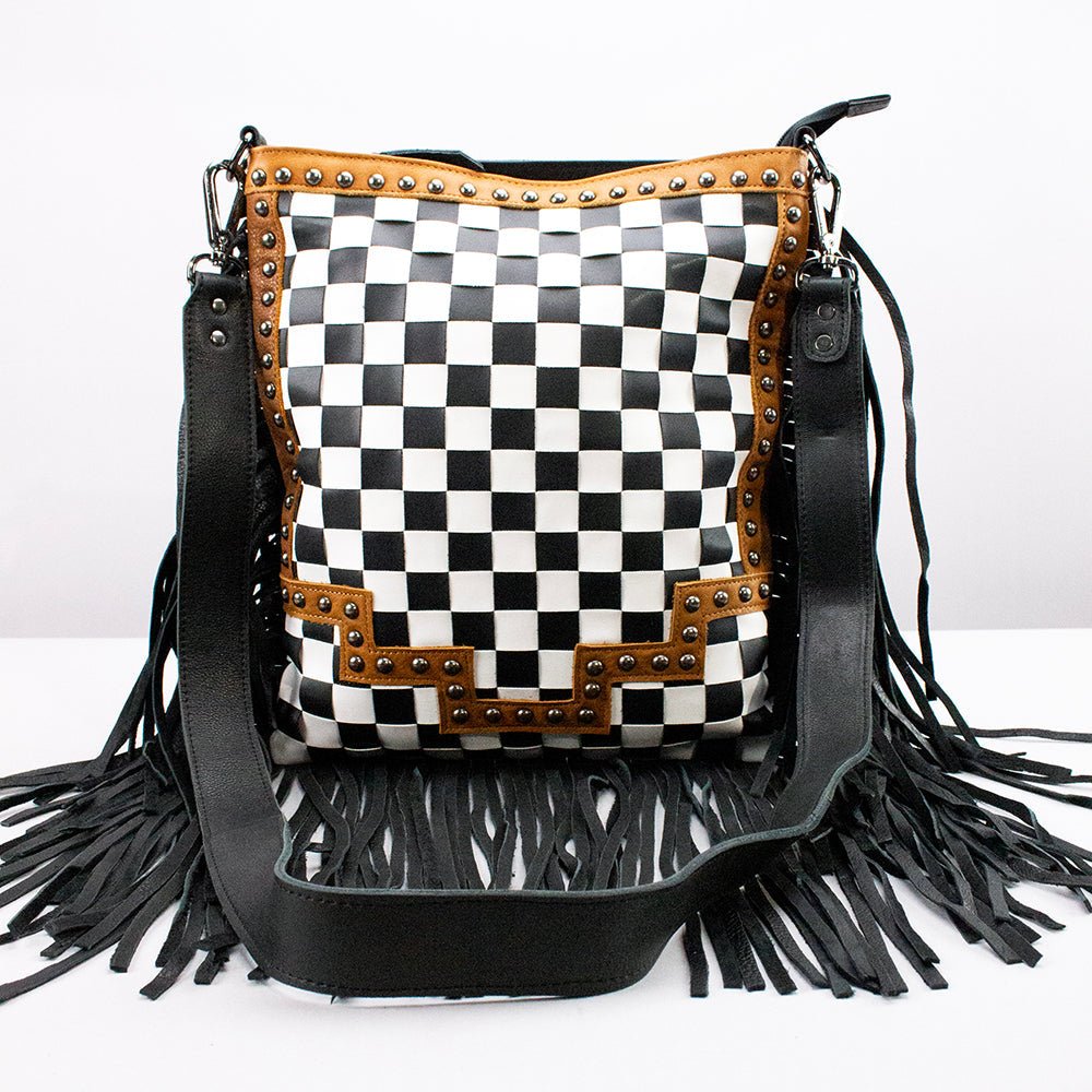 American Darling Checkered Western Crossbody Bag Black & White Tan Leather Trim