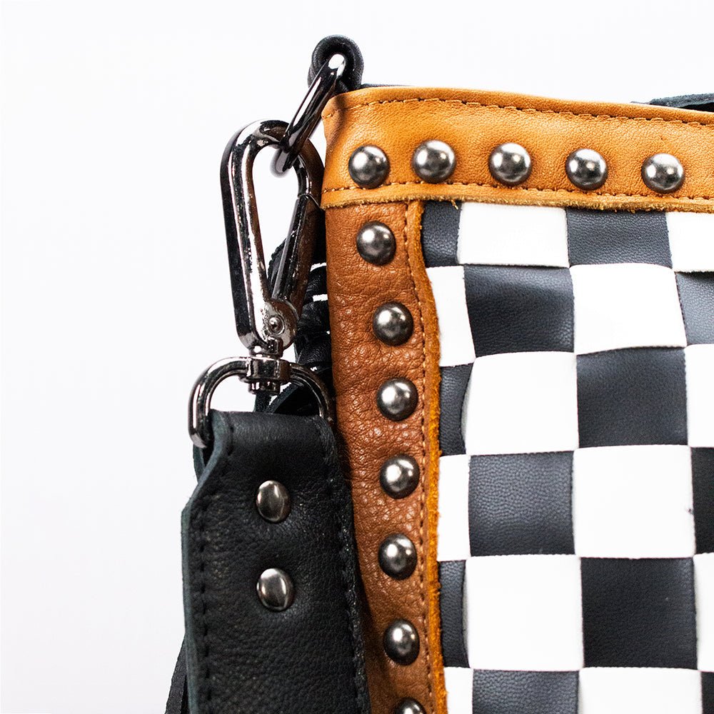 American Darling Checkered Western Crossbody Bag Black & White Tan Leather Trim