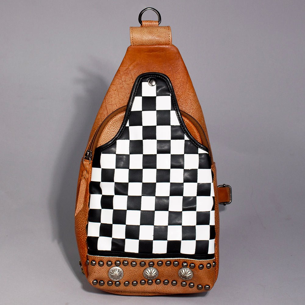 Chestnut Sling Bag With Black White Checkered Panel For Everyday Crossbody Styling