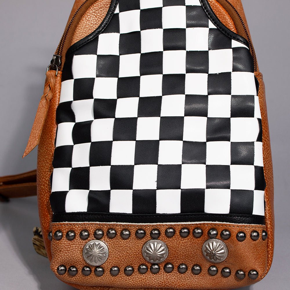 Chestnut Sling Bag With Black White Checkered Panel For Everyday Crossbody Styling