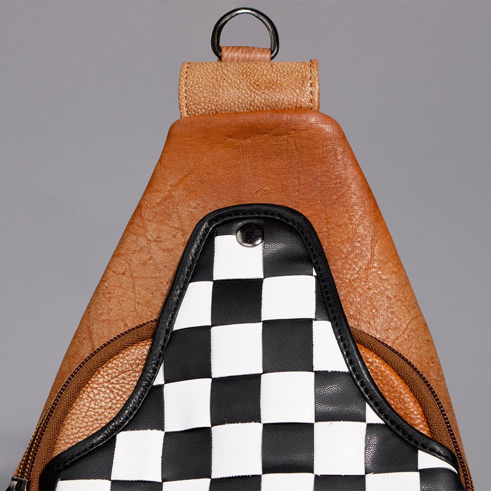 Chestnut Sling Bag With Black White Checkered Panel For Everyday Crossbody Styling
