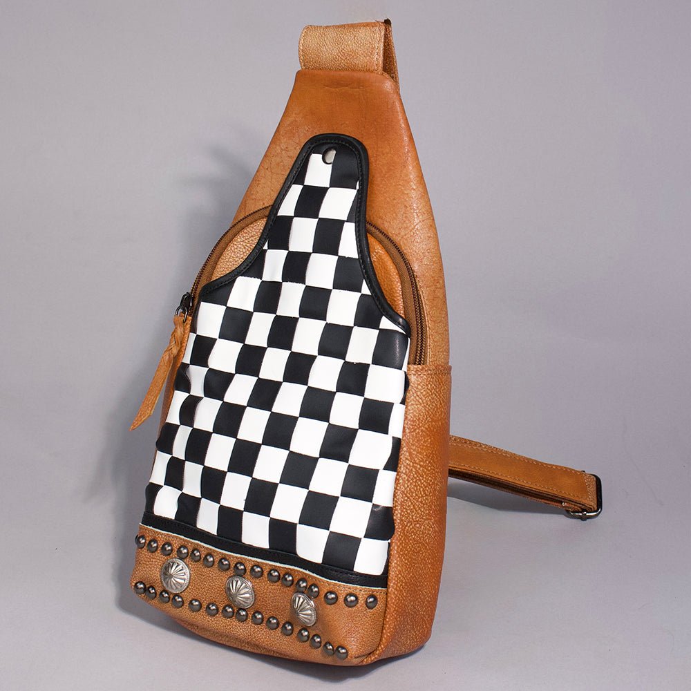 Chestnut Sling Bag With Black White Checkered Panel For Everyday Crossbody Styling