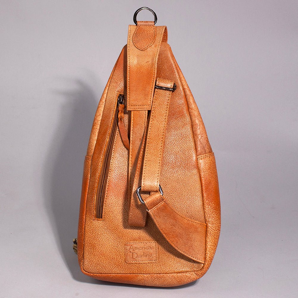 Chestnut Sling Bag With Black White Checkered Panel For Everyday Crossbody Styling