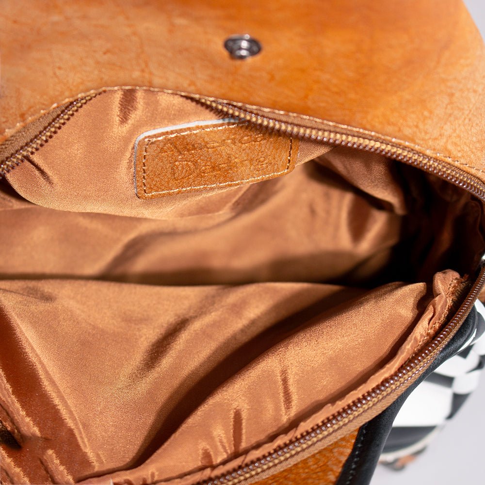 Chestnut Sling Bag With Black White Checkered Panel For Everyday Crossbody Styling