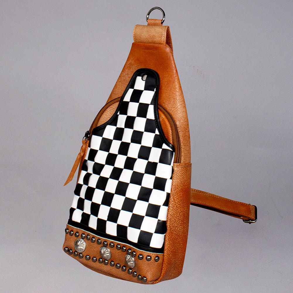 Chestnut Sling Bag With Black White Checkered Panel For Everyday Crossbody Styling