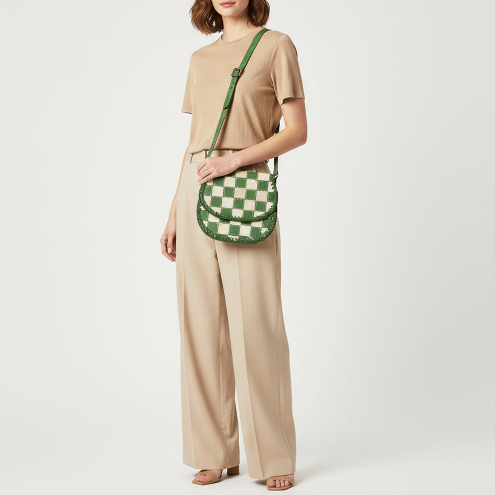 American Darling Checkered Flap Bag Mini Crossbody Style Braided Trim & Leather