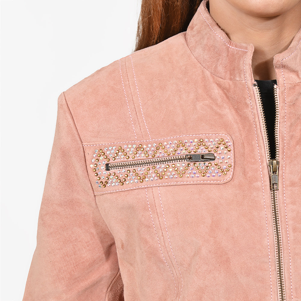 American Darling Women’s Suede Jacket Blazer Zip Front Studded Embellished Casual Western Style Coat