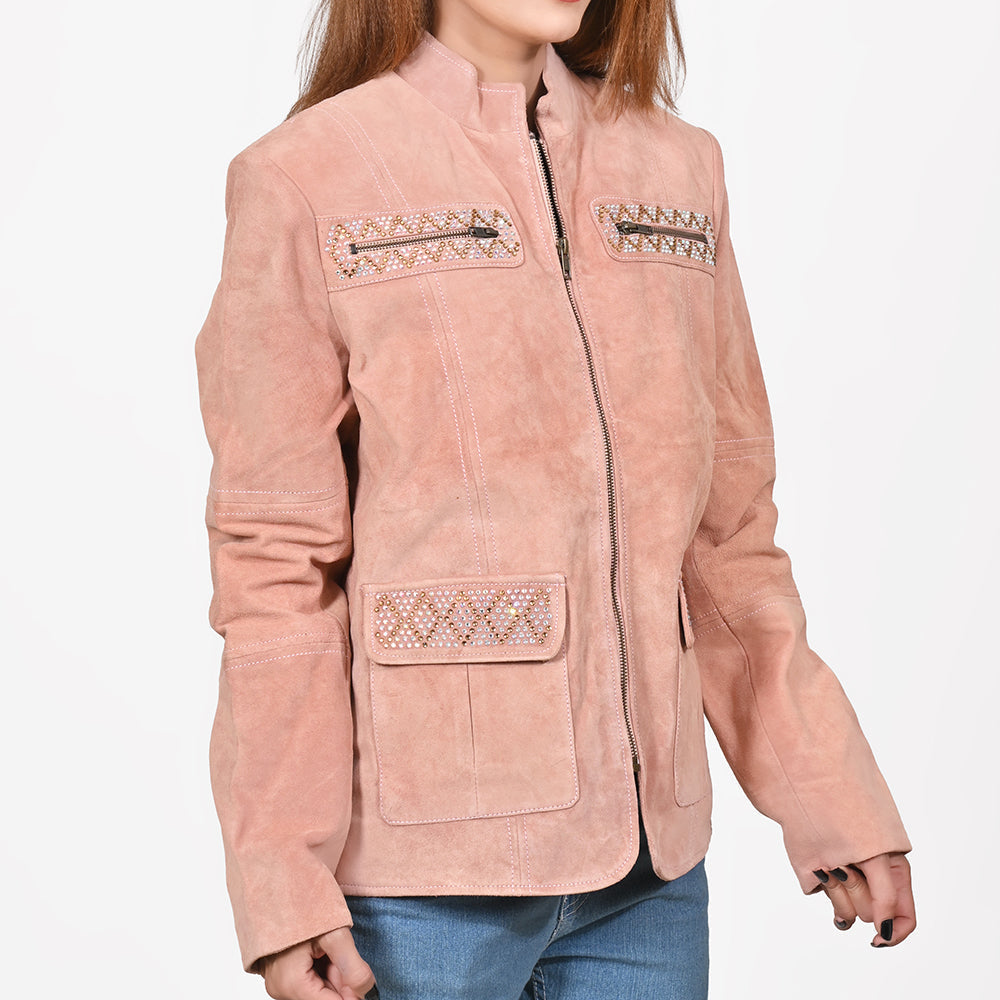 American Darling Women’s Suede Jacket Blazer Zip Front Studded Embellished Casual Western Style Coat
