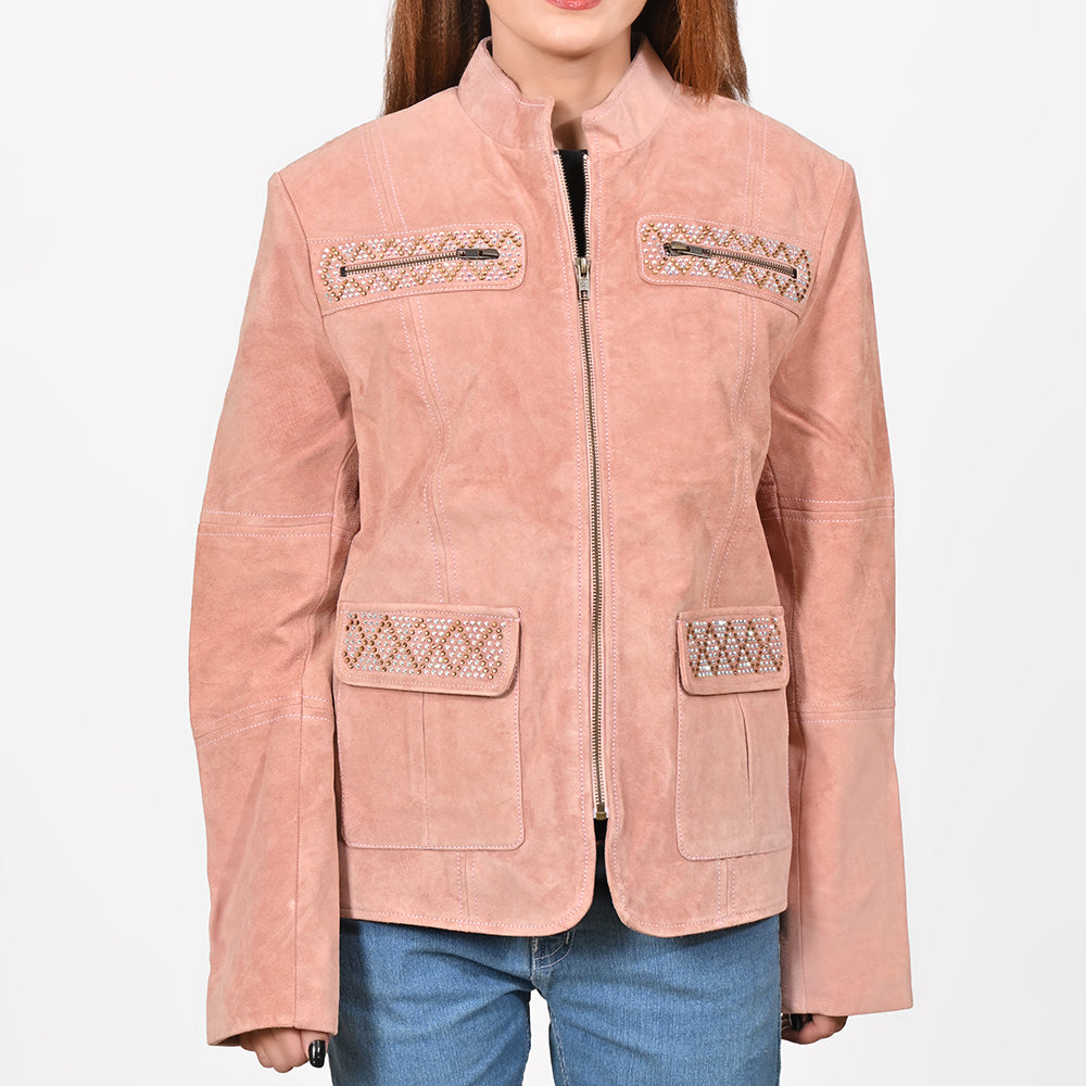 American Darling Women’s Suede Jacket Blazer Zip Front Studded Embellished Casual Western Style Coat