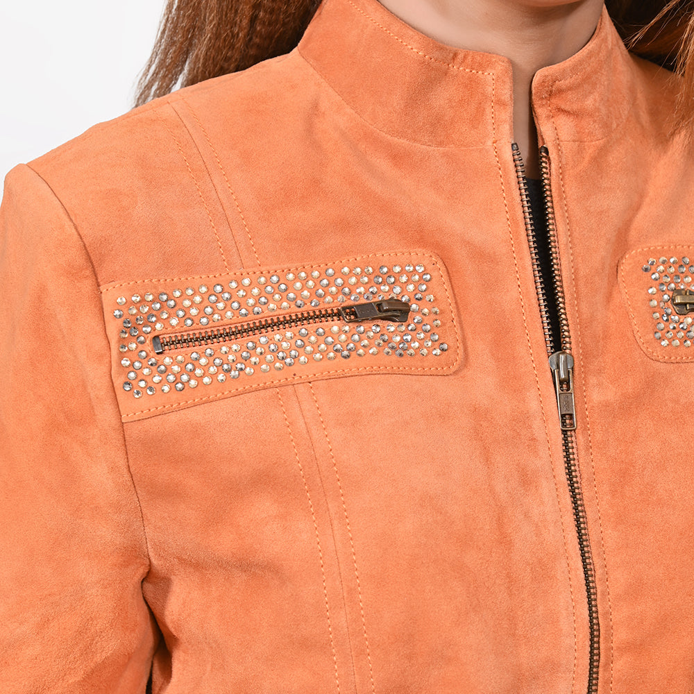 American Darling Women’s Suede Jacket Blazer Zip Front Studded Embellished Western Style Casual Coat Orange