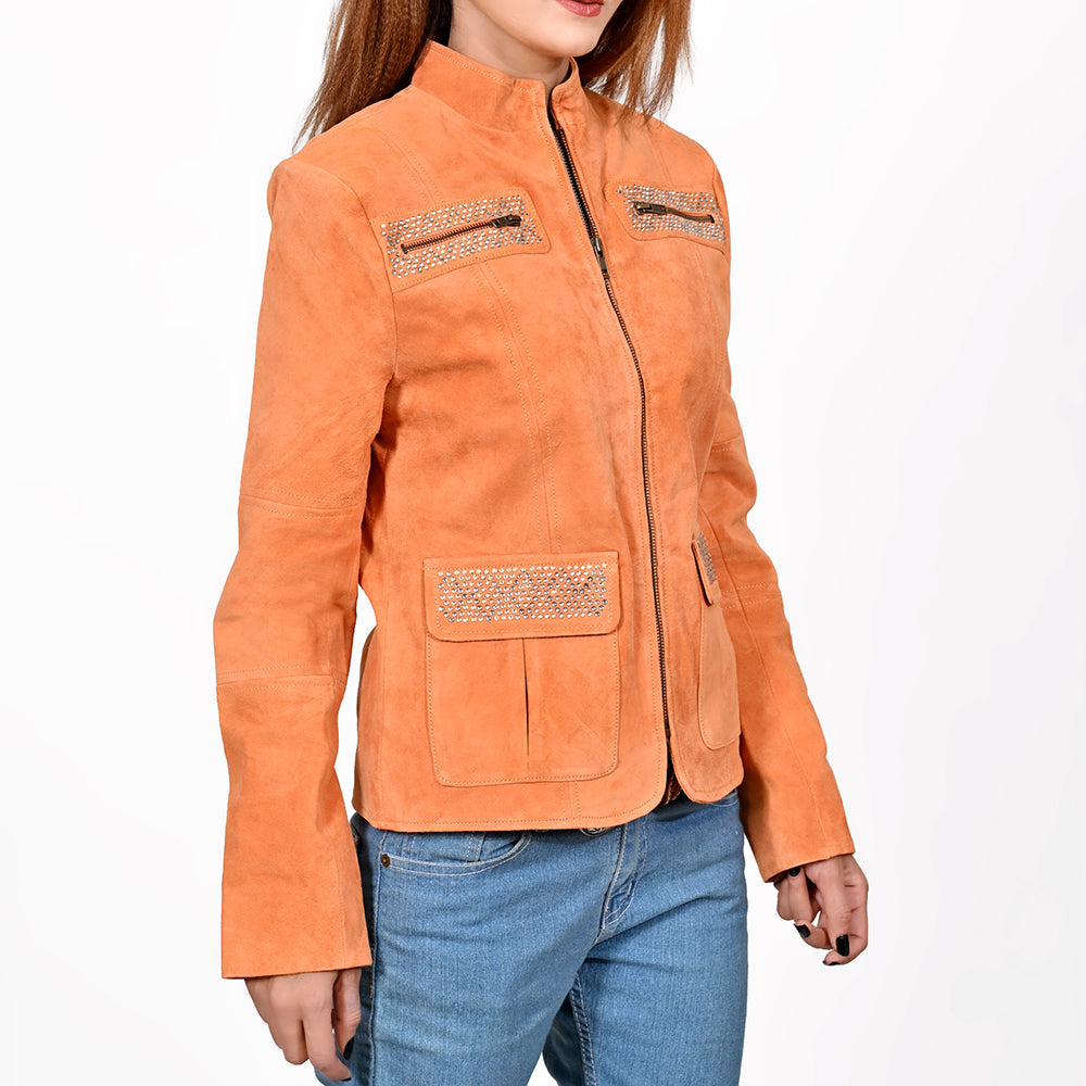American Darling Women’s Suede Jacket Blazer Zip Front Studded Embellished Western Style Casual Coat Orange