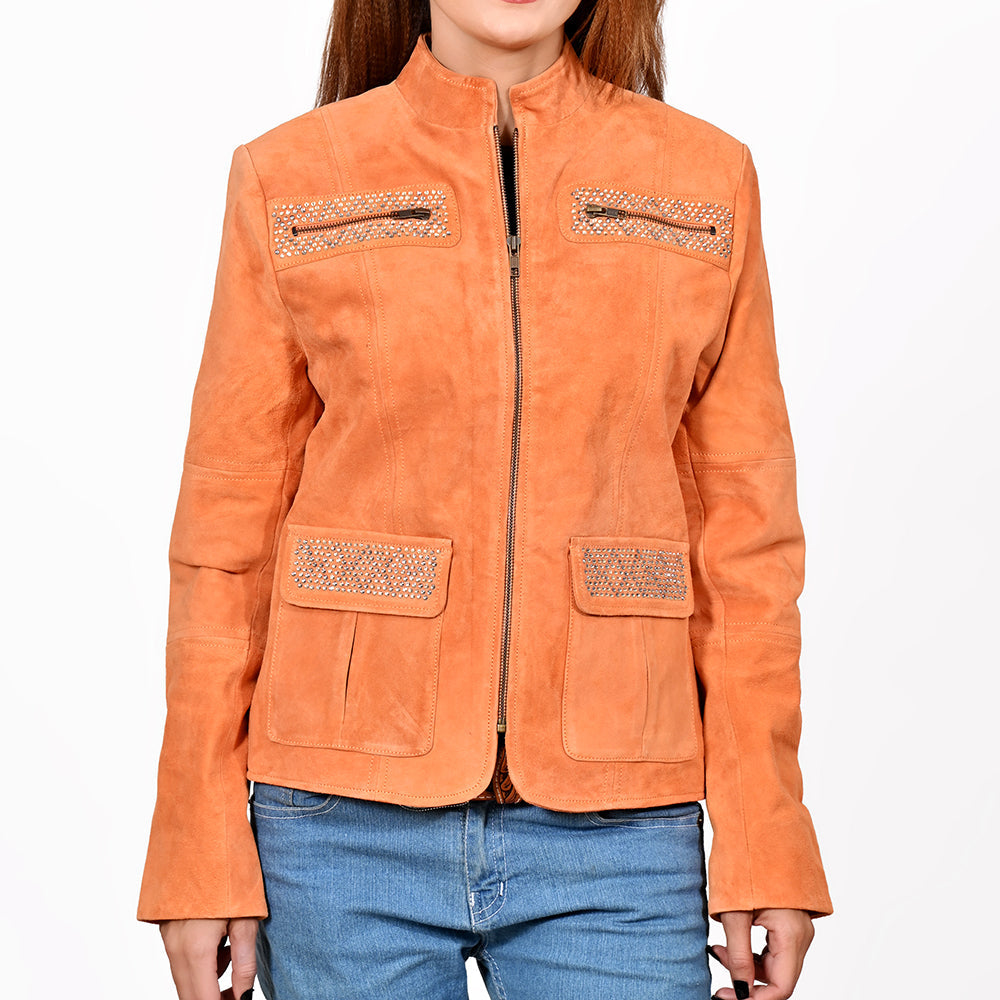 American Darling Women’s Suede Jacket Blazer Zip Front Studded Embellished Western Style Casual Coat Orange