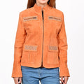 American Darling Women’s Suede Jacket Blazer Zip Front Studded Embellished Western Style Casual Coat Orange