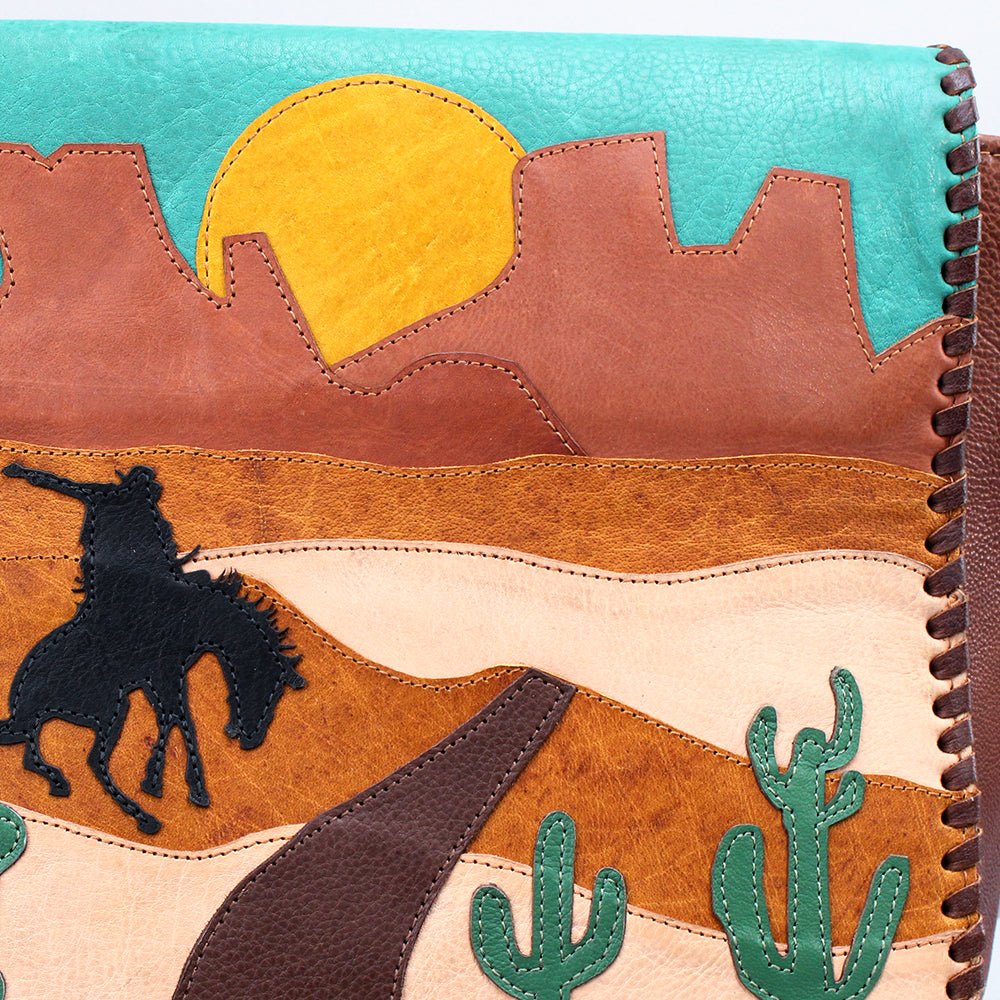 Sunset Rodeo Leather Crossbody Messenger Bag With Desert Appliqué Detailing And Finish
