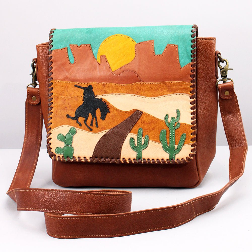 Sunset Rodeo Leather Crossbody Messenger Bag With Desert Appliqué Detailing And Finish