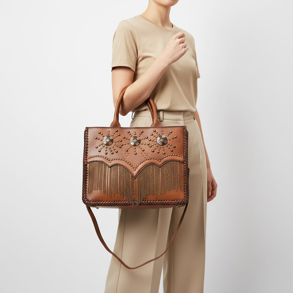 American Darling Western Leather Tote Bag Vintage Studded Fringe Satchel Handbag Crossbody Purse for Women Brown