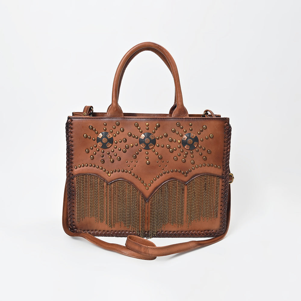 American Darling Western Leather Tote Bag Vintage Studded Fringe Satchel Handbag Crossbody Purse for Women Brown