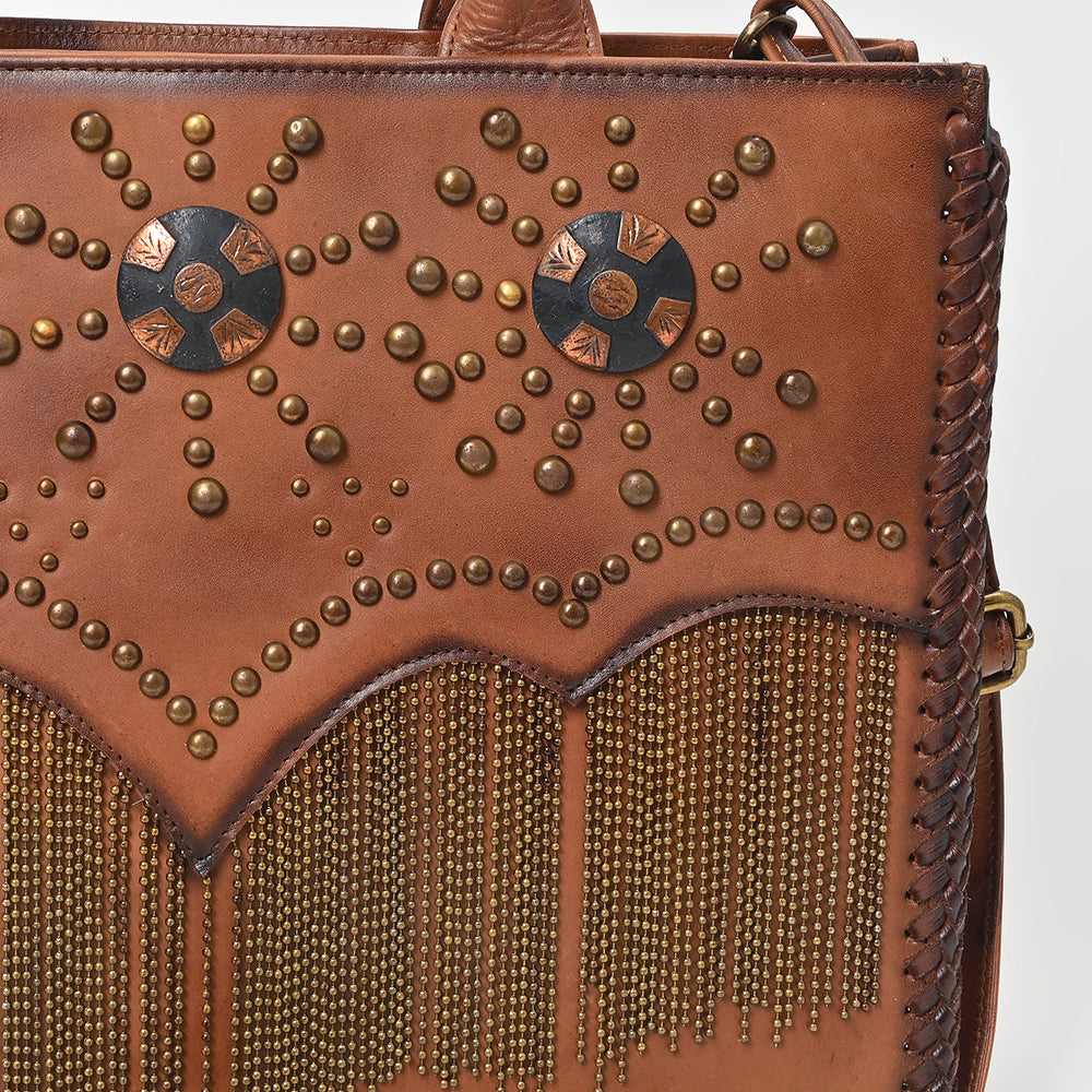 American Darling Western Leather Tote Bag Vintage Studded Fringe Satchel Handbag Crossbody Purse for Women Brown