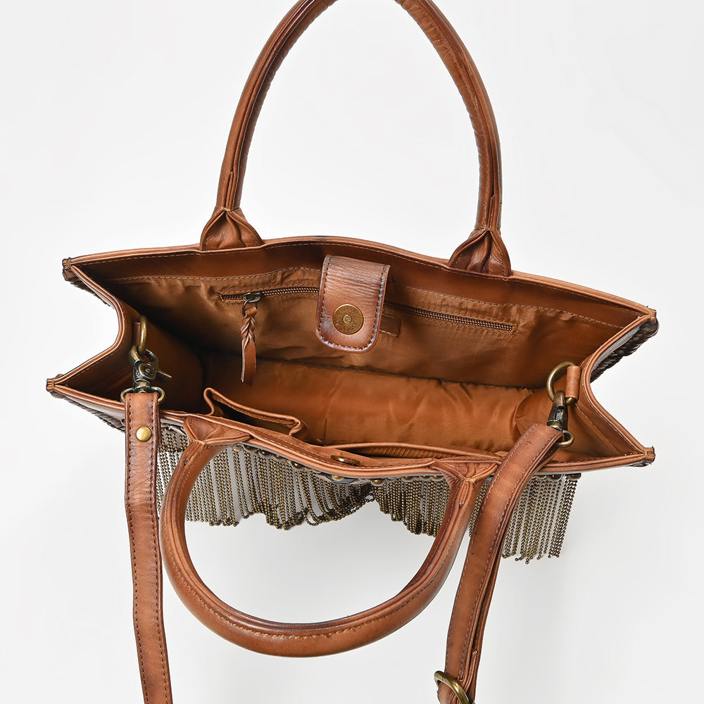 American Darling Western Leather Tote Bag Vintage Studded Fringe Satchel Handbag Crossbody Purse for Women Brown