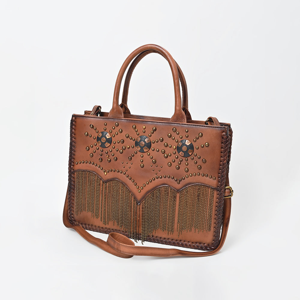 American Darling Western Leather Tote Bag Vintage Studded Fringe Satchel Handbag Crossbody Purse for Women Brown