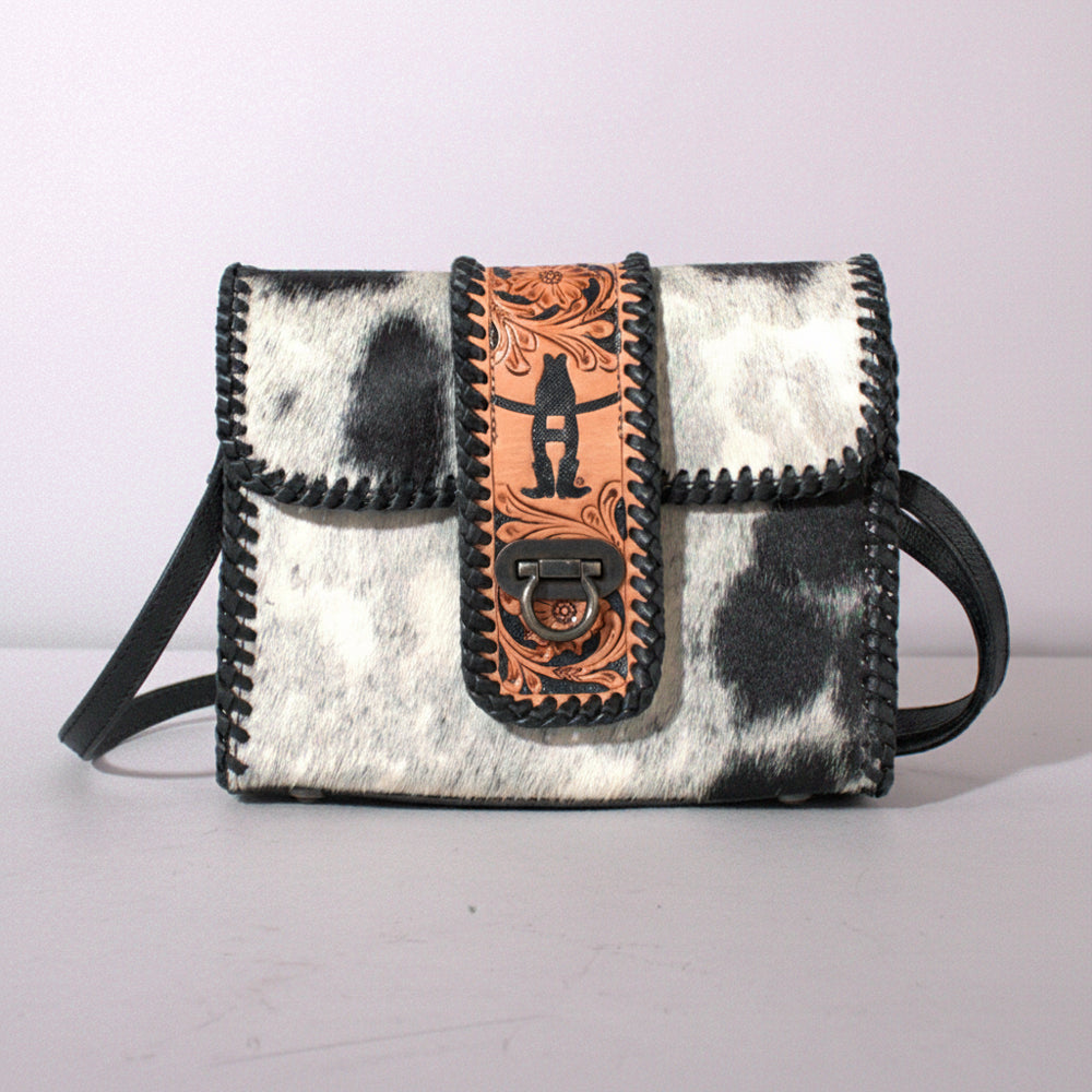 Handcrafted Western Leather Crossbody Bag With Hair On Cowhide Texture And Finish