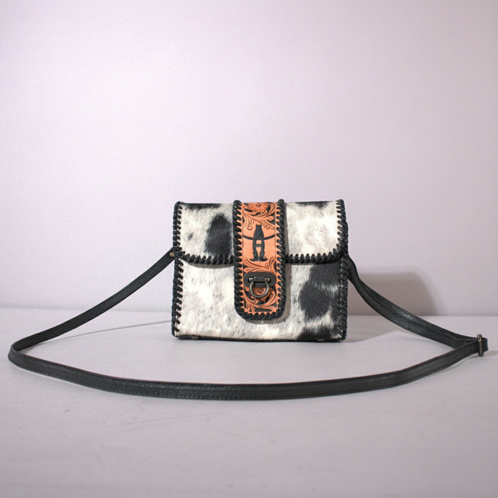 Handcrafted Western Leather Crossbody Bag With Hair On Cowhide Texture And Finish