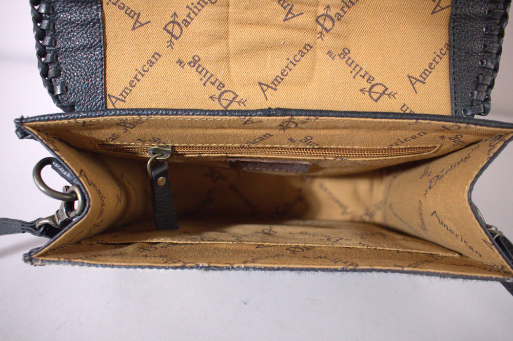 Handcrafted Western Leather Crossbody Bag With Hair On Cowhide Texture And Finish