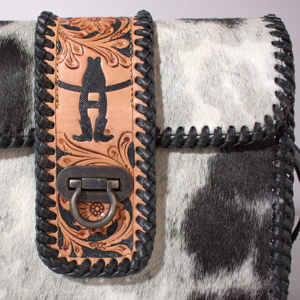 Handcrafted Western Leather Crossbody Bag With Hair On Cowhide Texture And Finish