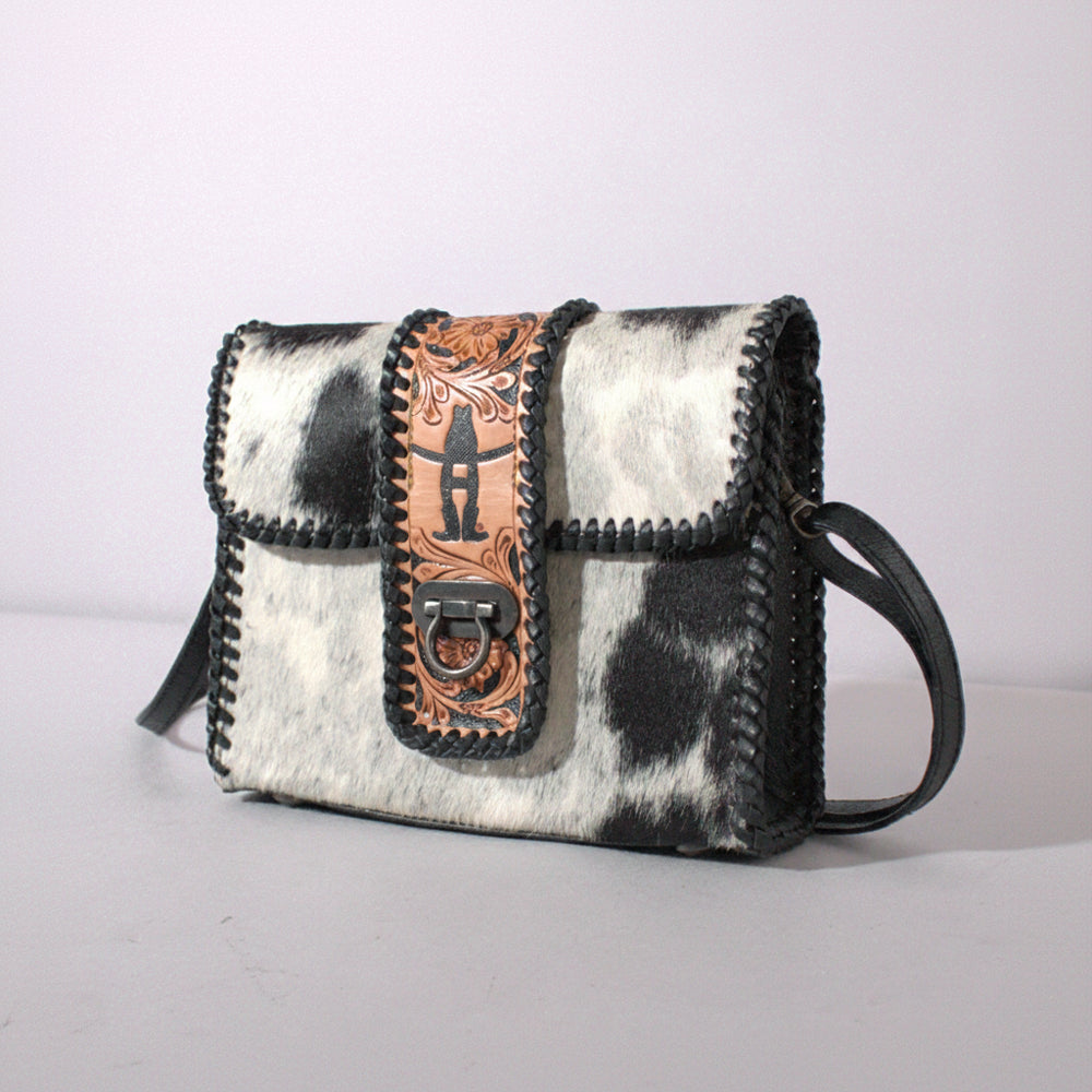 Handcrafted Western Leather Crossbody Bag With Hair On Cowhide Texture And Finish