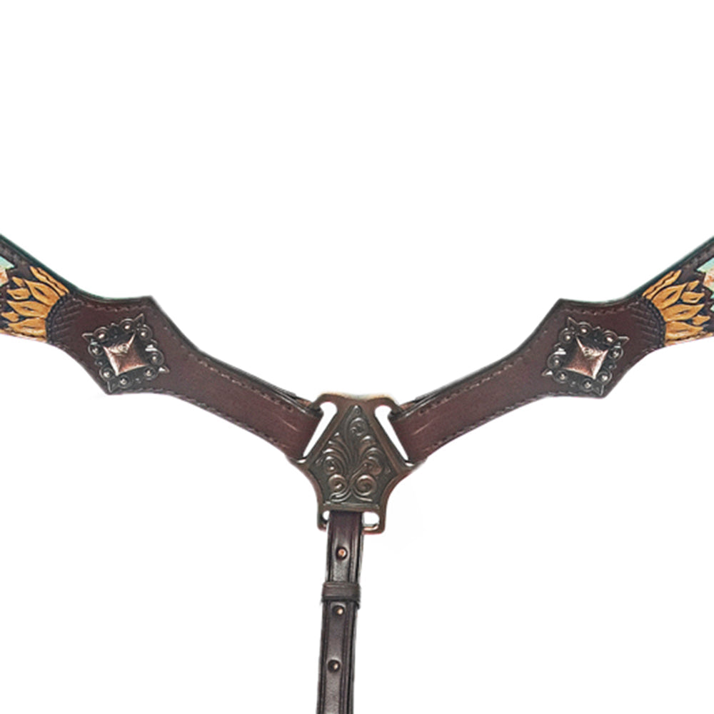 HILASON Breast Collar Floral Hand-Painted Turquoise Premium Skirting Leather