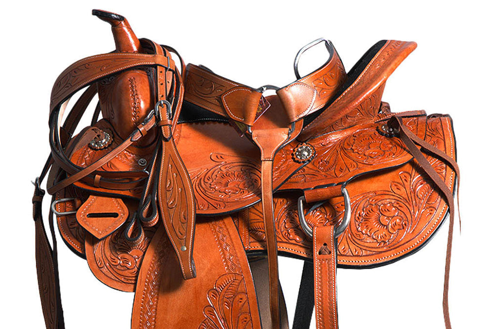 Comfytack Premium Western Leather Horse Saddle – Hand-Tooled Floral Design, Comfortable Fit, Durable Riding Tack