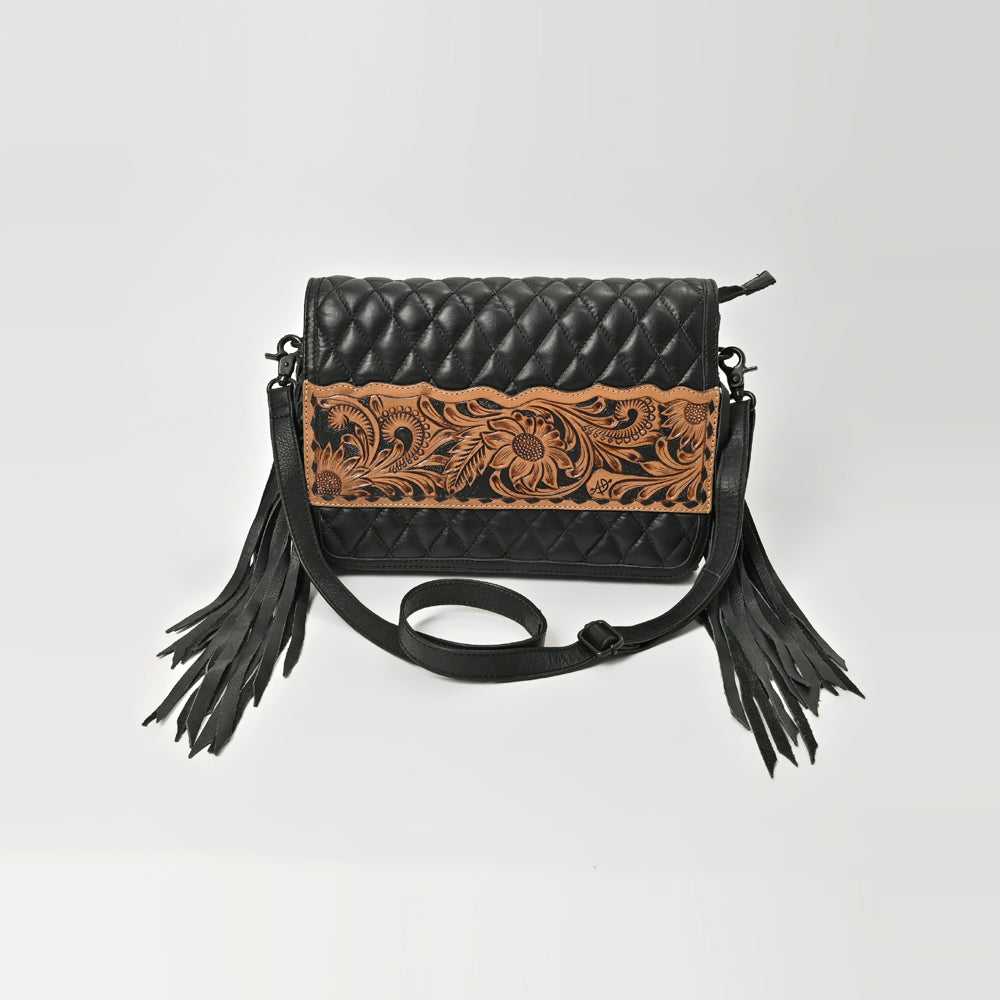 American Darling Black Leather Quilted Hand Tooled Fringe Crossbody Bag