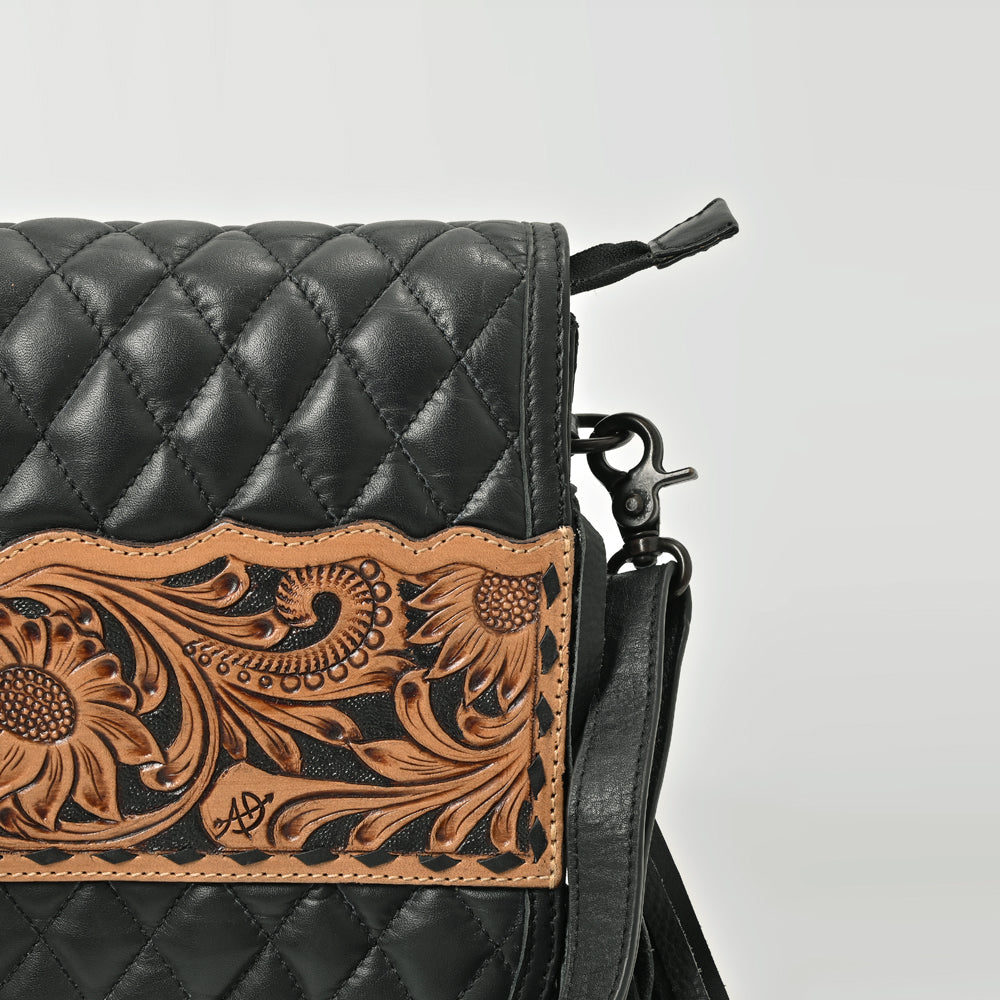 American Darling Black Leather Quilted Hand Tooled Fringe Crossbody Bag